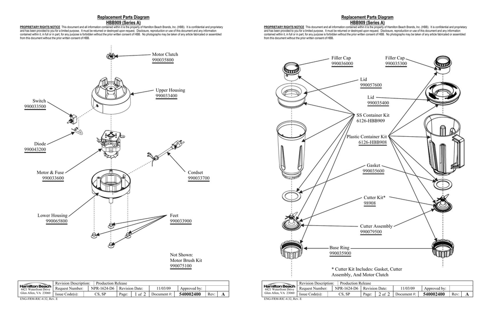 Diagram Diagram and Parts List for HBB909  Hamilton Beach Blender